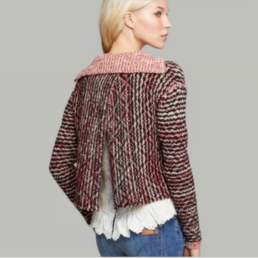 Free People Mixed Knit Wool Blend Cropped SweaterSz Small Open Back Snap Front - Picture 3 of 14